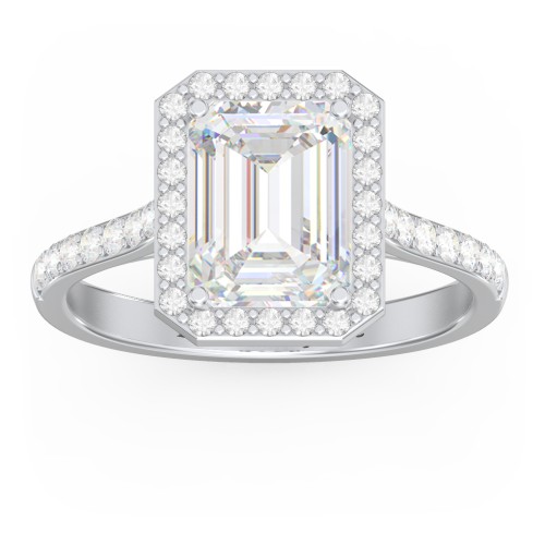 3 ct. (9x7mm) Emerald-Cut Moissanite Halo Engagement Ring with Side Stones – 10K White Gold with Moissanite and Lab Diamond