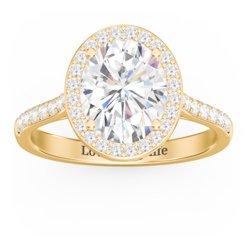 3 ct. (10x8mm) Oval Moissanite Halo Engagement Ring with Side Stones – 10K Yellow Gold with Moissanite and Lab Diamond