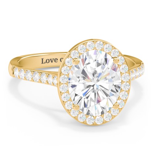 3 ct. (10x8mm) Oval Moissanite Halo Engagement Ring with Side Stones – 10K Yellow Gold with Moissanite and Lab Diamond