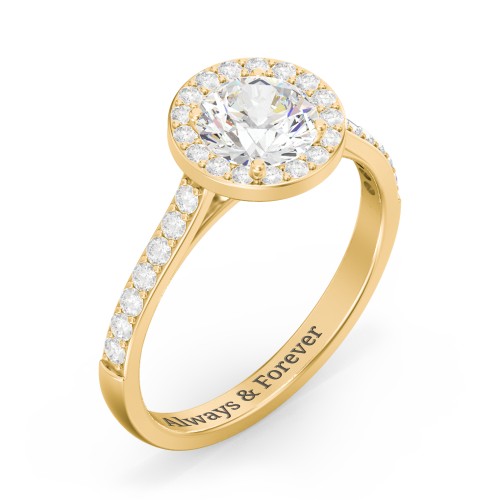 1 ct. (6.5mm) Moissanite Halo Engagement Ring with Side Stones – 10K Yellow Gold with Moissanite and Lab Diamond