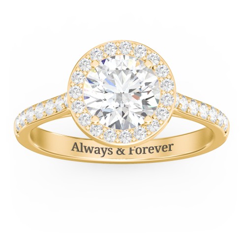 1.5 ct. (7.5mm) Moissanite Halo Engagement Ring with Side Stones – 10K Yellow Gold with Moissanite and Lab Diamond