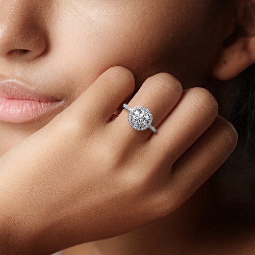 2.5 ct. (8.5mm) Moissanite Halo Engagement Ring with Side Stones – 10K White Gold with Moissanite and Lab Diamond