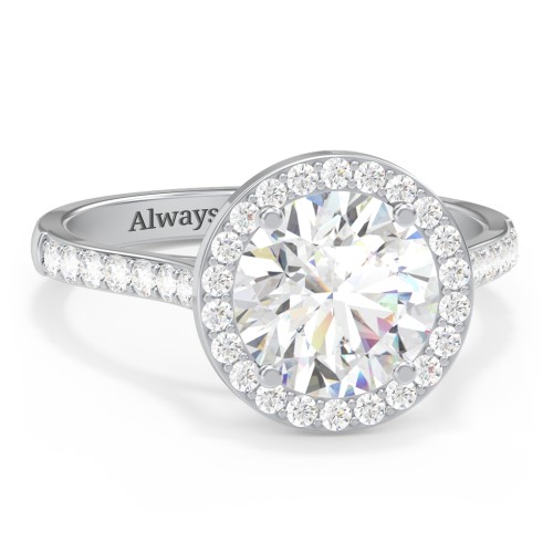 2.5 ct. (8.5mm) Moissanite Halo Engagement Ring with Side Stones – 10K White Gold with Moissanite and Lab Diamond