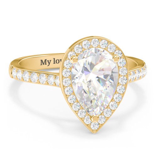 2.5 ct. (10.5x7mm) Pear Moissanite Halo Engagement Ring with Side Stones – 10K Yellow Gold with Moissanite and Lab Diamond
