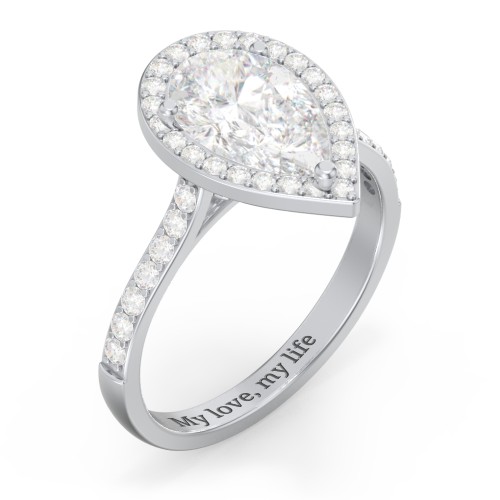 3 ct. (11x7mm) Pear Moissanite Halo Engagement Ring with Side Stones – 10K White Gold with Moissanite and Lab Diamond