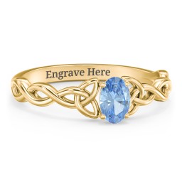 Oval Solitaire Celtic Trinity Knot Engagement Ring in 14K Solid Yellow Gold with Blue Topaz