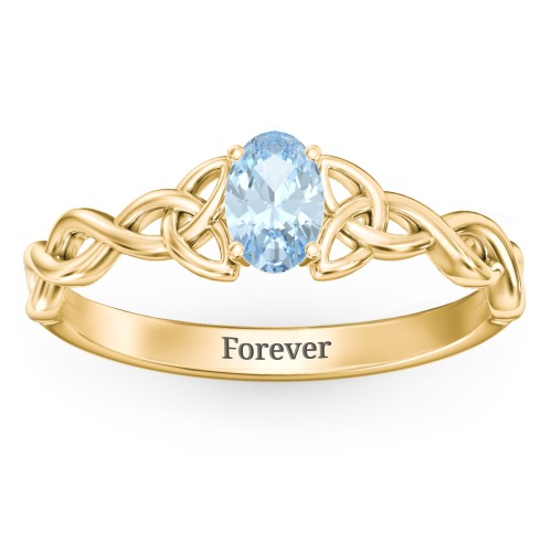 Oval Solitaire Celtic Trinity Knot Engagement Ring – 18K Gold Plated Silver with Aquamarine