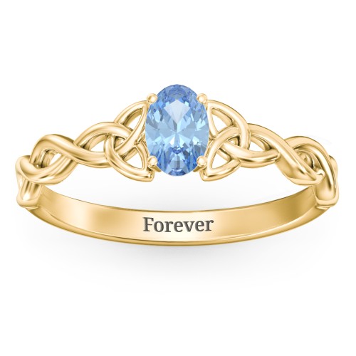 Oval Solitaire Celtic Trinity Knot Engagement Ring – 18K Gold Plated Silver with Blue Topaz