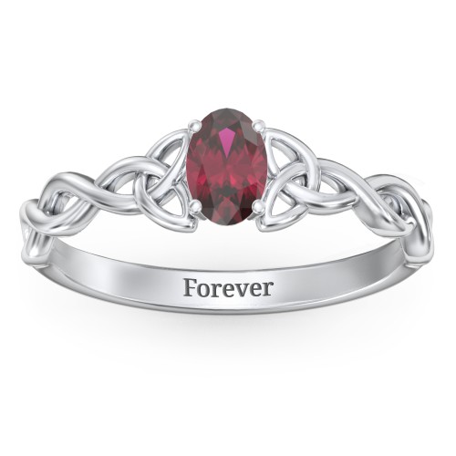 Oval Solitaire Celtic Trinity Knot Engagement Ring – Sterling Silver with Ruby
