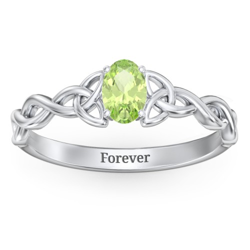Oval Solitaire Celtic Trinity Knot Engagement Ring – Sterling Silver with Peridot