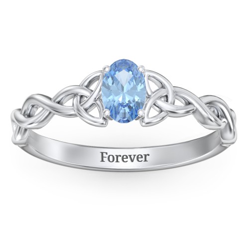 Oval Solitaire Celtic Trinity Knot Engagement Ring – 10K White Gold with Blue Topaz