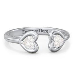 Heart In Heart Gemstone Open Cuff Ring in 925 Sterling Silver with Cubic Zirconia