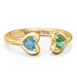 Heart In Heart Gemstone Open Cuff Ring in 18K Gold Plated Silver with Blue Topaz and Emerald