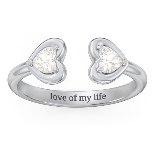 Heart In Heart Gemstone Open Cuff Ring – Sterling Silver with Cubic Zirconia