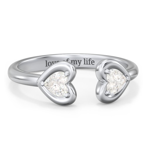 Heart In Heart Gemstone Open Cuff Ring – Sterling Silver with Cubic Zirconia