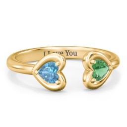 Heart In Heart Gemstone Open Cuff Ring in 18K Gold Plated Silver with Blue Topaz and Emerald