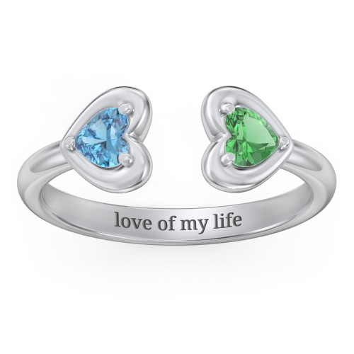 Heart In Heart Gemstone Open Cuff Ring – Sterling Silver with Blue Topaz and Emerald