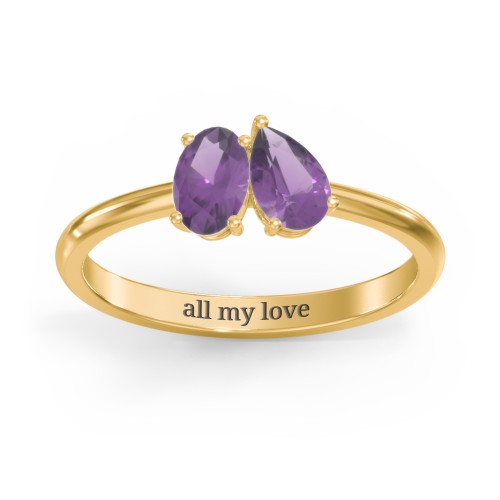 Toi et Moi Oval and Pear Gemstone Ring – 18K Gold Plated Silver with Amethyst