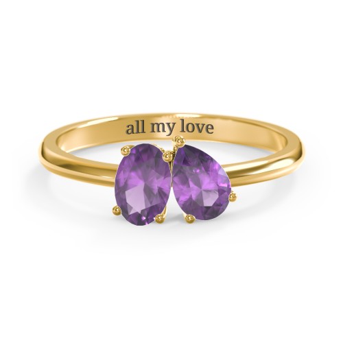 Toi et Moi Oval and Pear Gemstone Ring – 18K Gold Plated Silver with Amethyst