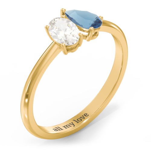 Toi et Moi Oval and Pear Gemstone Ring – 18K Gold Plated Silver with Cubic Zirconia and Blue Topaz