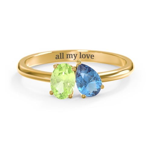 Toi et Moi Oval and Pear Gemstone Ring – 18K Gold Plated Silver with Peridot and Blue Topaz