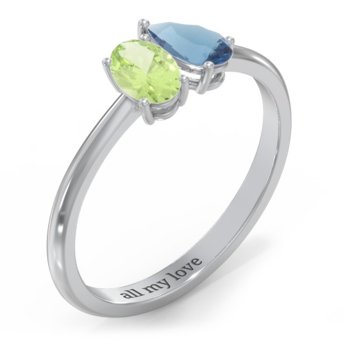 Toi et Moi Oval and Pear Gemstone Ring – Sterling Silver with Peridot and Blue Topaz