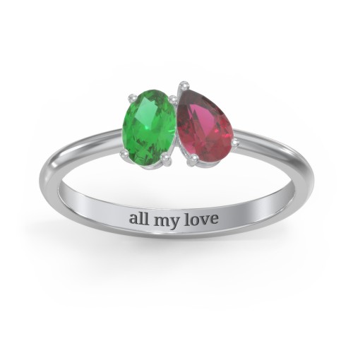 Toi et Moi Oval and Pear Gemstone Ring – Sterling Silver with Emerald and Ruby
