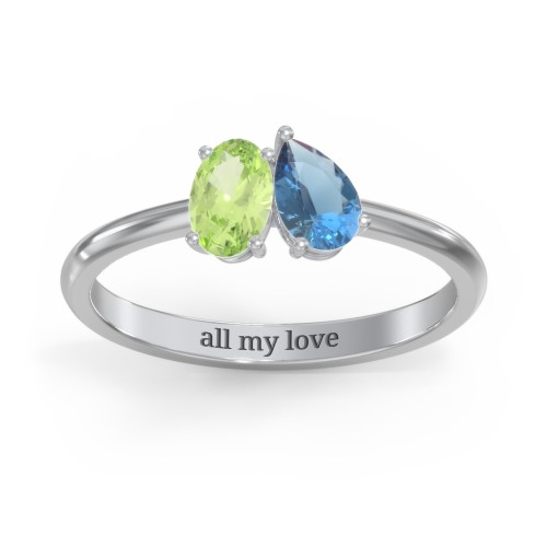 Toi et Moi Oval and Pear Gemstone Ring – Sterling Silver with Peridot and Blue Topaz