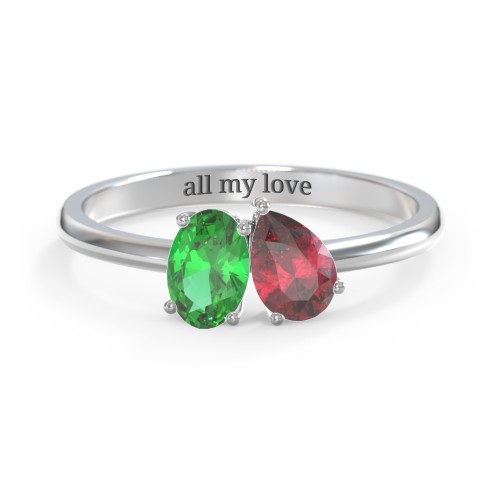 Toi et Moi Oval and Pear Gemstone Ring – Sterling Silver with Emerald and Ruby