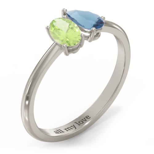 Toi et Moi Oval and Pear Gemstone Ring – 10K White Gold with Peridot and Blue Topaz