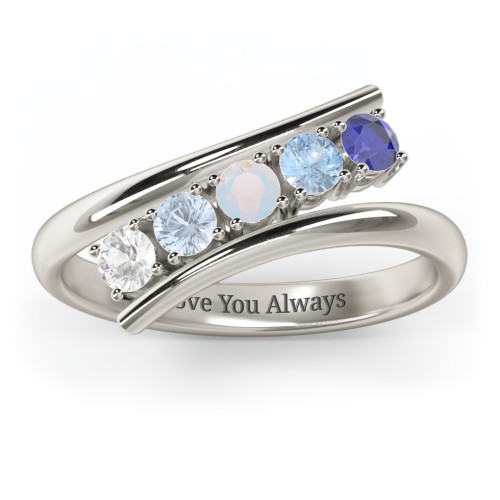 5 Birthstone Bypass Ring – 10K White Gold with Cubic Zirconia, Aquamarine, Opal, Blue Topaz, and Blue Sapphire