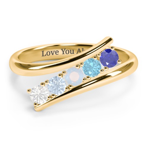 5 Birthstone Bypass Ring – 10K Yellow Gold with Cubic Zirconia, Aquamarine, Opal, Blue Topaz, and Blue Sapphire