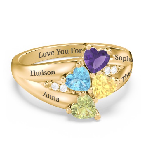 Multi-Heart Split-Band Ring – 10K Yellow Gold with Amethyst, Blue Topaz, Citrine, Peridot, and Cubic Zirconia