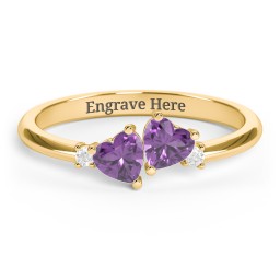 Pair of Hearts Gemstone Promise Ring with Accent Stones in 18K Gold Plated Silver with Amethyst and White Premium Zirconia