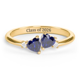 Pair of Hearts Gemstone Promise Ring with Accent Stones in 18K Gold Plated Silver with Blue Sapphire and White Premium Zirconia