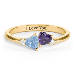 Pair of Hearts Gemstone Promise Ring with Accent Stones in 18K Gold Plated Silver with Blue Topaz, Amethyst, and White Premium Zirconia