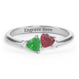 Pair of Hearts Gemstone Promise Ring with Accent Stones in 925 Sterling Silver with Emerald, Ruby, and White Premium Zirconia