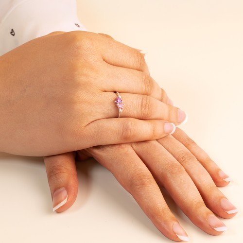 Pair of Hearts Gemstone Promise Ring with Accent Stones – 10K White Gold with Blue Topaz, Amethyst, and White Premium Zirconia