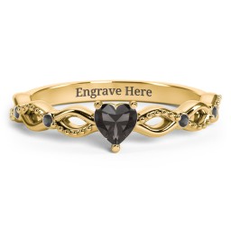 Twisted Vine Gemstone Heart Promise Ring with Accent Stones in 18K Gold Plated Silver with Smokey Quartz and Black Premium Zirconia