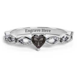 Twisted Vine Gemstone Heart Promise Ring with Accent Stones in 925 Sterling Silver with Smokey Quartz and Black Premium Zirconia