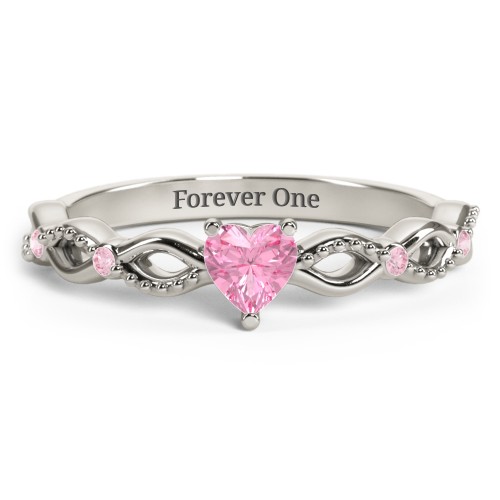 Twisted Vine Gemstone Heart Promise Ring with Accent Stones – 10K White Gold with Pink Tourmaline and Fancy Pink Premium Zirconia