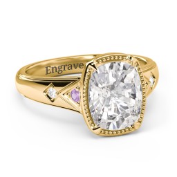 Elongated Cushion "Golden Era" Ring with Birthstones in 18K Gold Plated Silver with Amethyst, Cubic Zirconia, and White Premium Zirconia