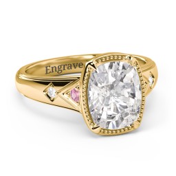 Elongated Cushion "Golden Era" Ring with Birthstones in 18K Gold Plated Silver with Pink Tourmaline, Cubic Zirconia, and White Premium Zirconia