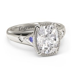 Elongated Cushion "Golden Era" Ring with Birthstones in 10K Solid White Gold with Blue Sapphire