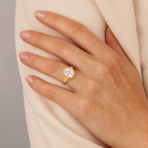Elongated Cushion "Golden Era" Ring with Birthstones – 10K White Gold with Cubic Zirconia, Blue Sapphire, and White Premium Zirconia