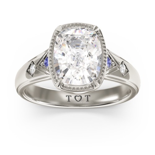 Elongated Cushion "Golden Era" Ring with Birthstones – 10K White Gold with Cubic Zirconia, Blue Sapphire, and White Premium Zirconia