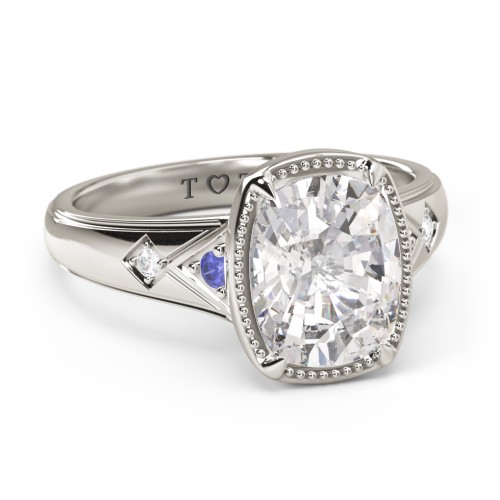 Elongated Cushion "Golden Era" Ring with Birthstones – 10K White Gold with Cubic Zirconia, Blue Sapphire, and White Premium Zirconia