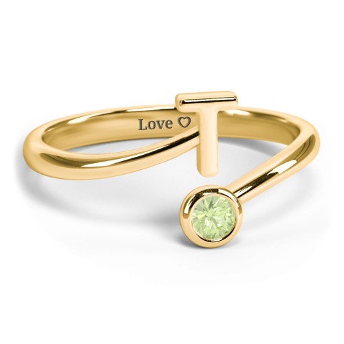 Initial & Birthstone Bypass Ring – 18K Gold Plated Silver with Peridot