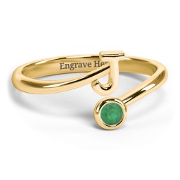 Initial & Birthstone Bypass Ring in 18K Gold Plated Silver with Emerald