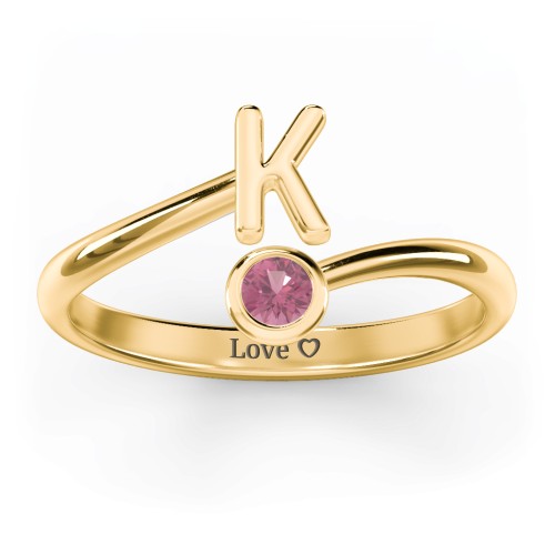 Initial & Birthstone Bypass Ring – 18K Gold Plated Silver with Pink Tourmaline